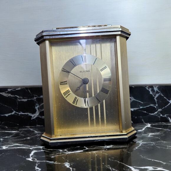 Vtg Bulova Quartz Mantel Desk Clock 5" Brass Tone Roman Numerals Germany Works - Picture 1 of 7